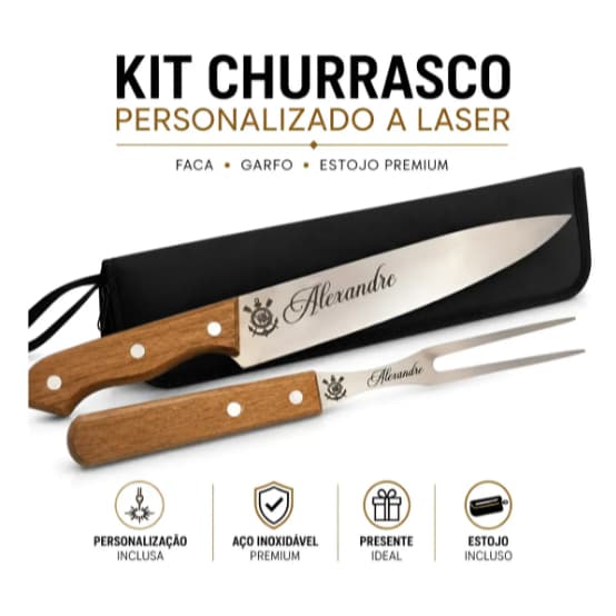 Kit Churrasco Personalizado 3 Peças Faca Garfo E Estojo Logo
