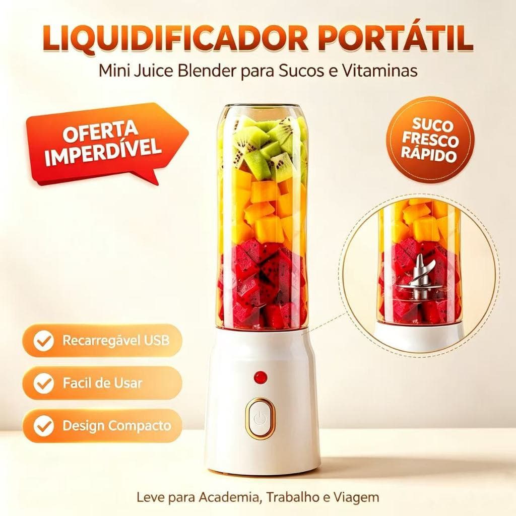 Liquidificador Portátil Recarregável USB Mini Mixer para Suco de Frutas na Cozinha