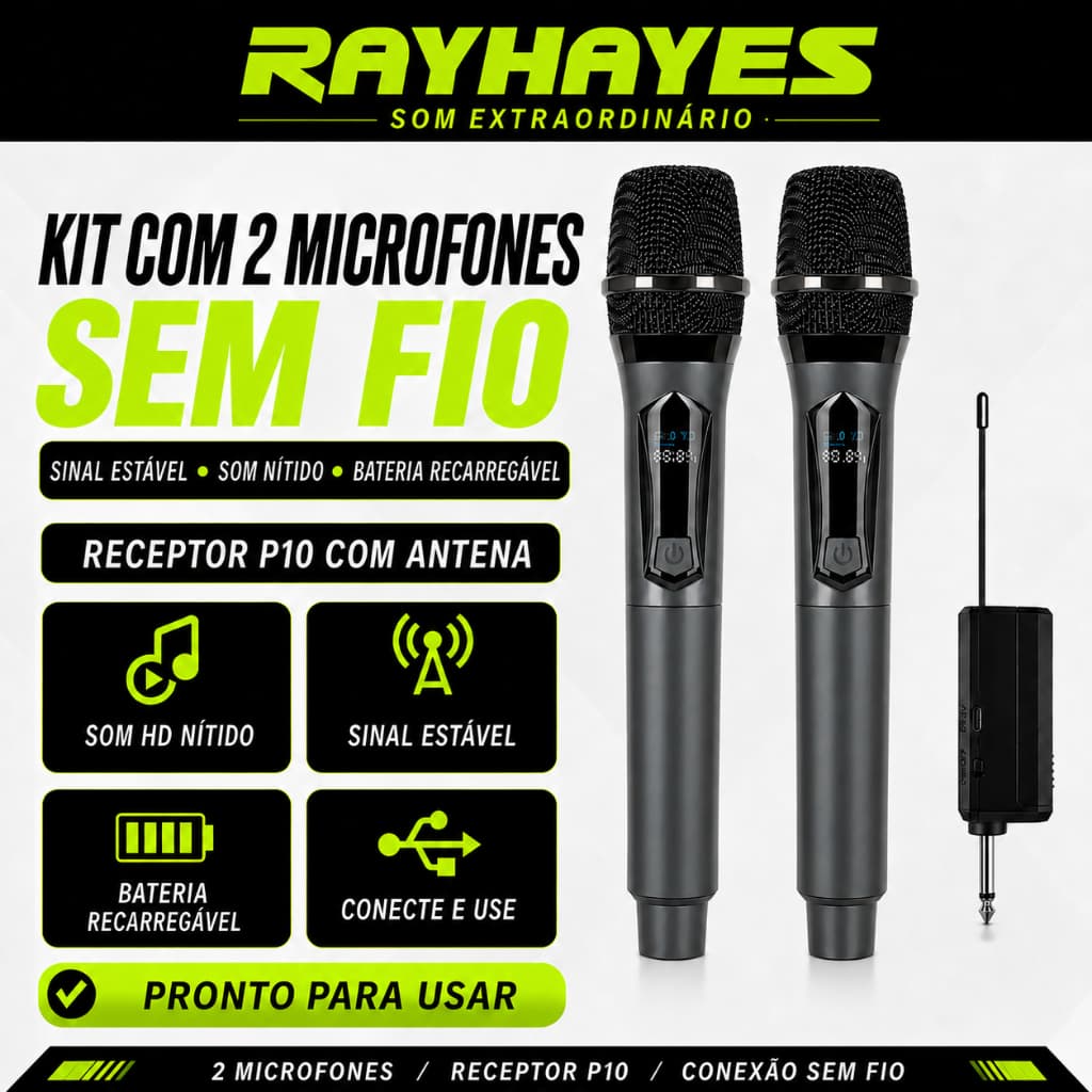 RAYHAYES Microfone Sem Fio DSP Anti-Interferência Bateria Longa Duração para Casa e Eventos