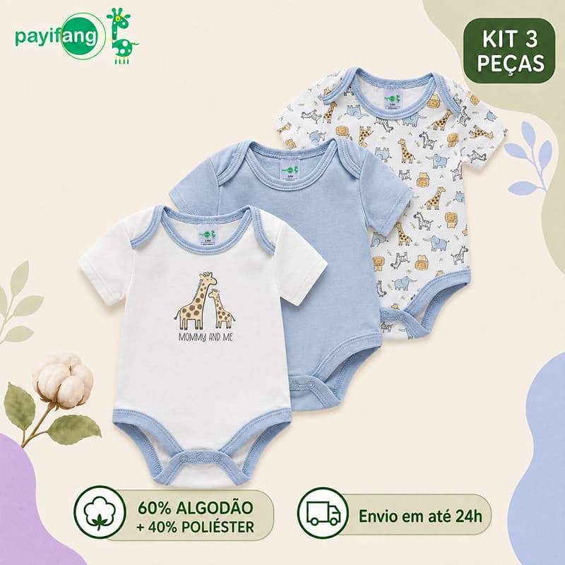 Payifang Kit 3 Bodies Bebê Menino Girafa Safari Manga Curta 60% Algodão Azul 3M 6M 9M