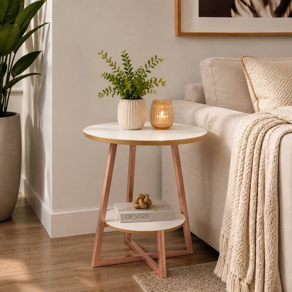Mesa Canto Lateral Apoio Centro Rendonda Pés Ferro MDF Sofá Porta Objetos DecoraçãoVeneza Rose Gold