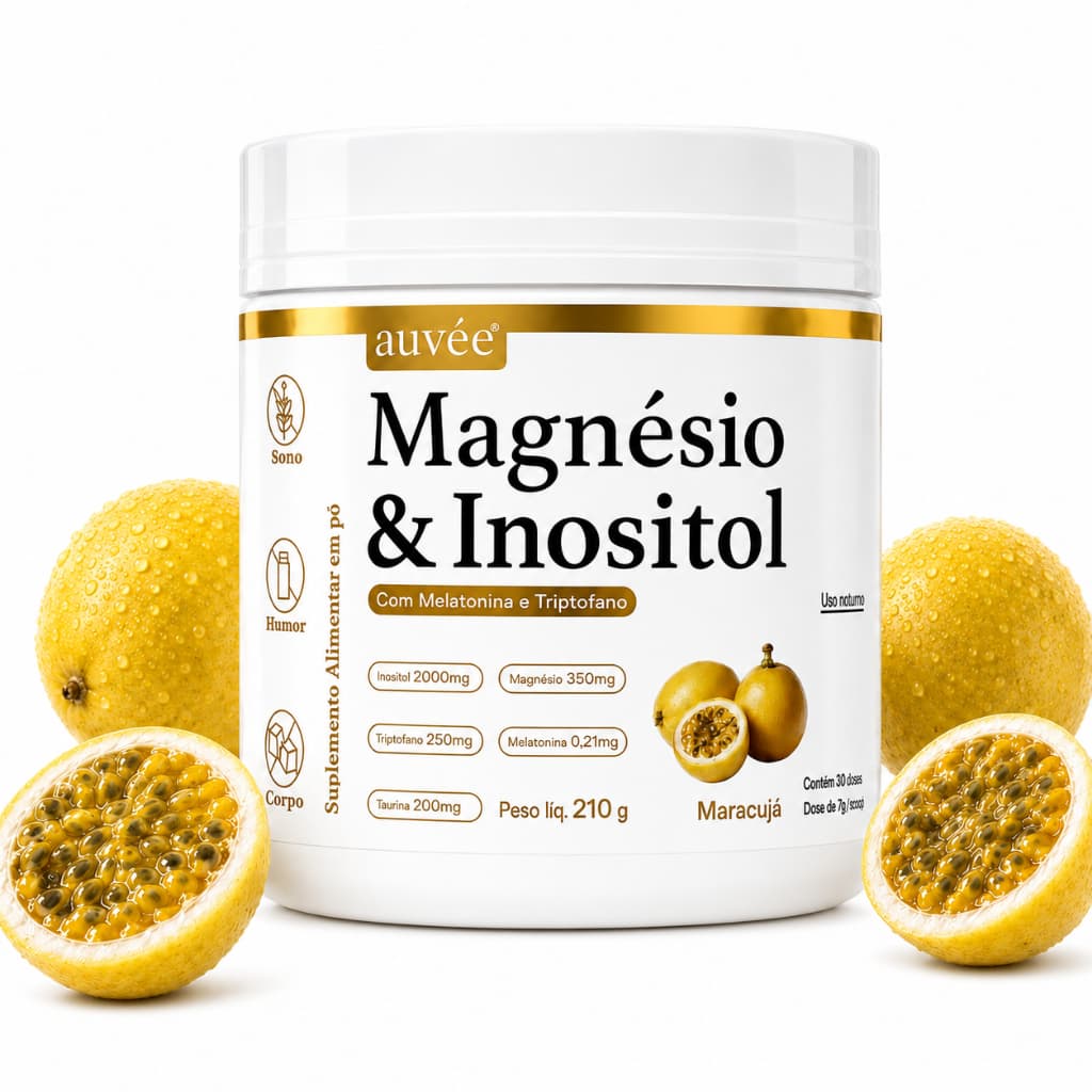Magnésio e Inositol + Melatonina + Triptofano + Teanina 210g Sabor Maracujá Quente ou GeladoAuvée