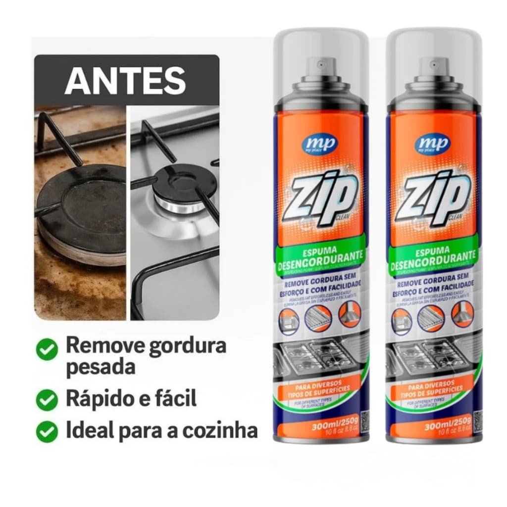 Kit 2 Espuma Desengordurante Zip 300ml – Poder de Limpeza para Cozinha, Fogão e Superfícies