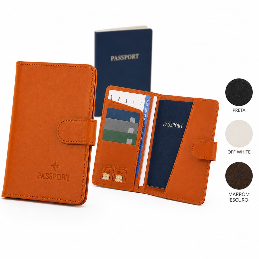 Porta Passaporte Case Organizador Documentos Cartões Viagem Couro PU Premium Marrom Preto Off White Com Fecho Magnético