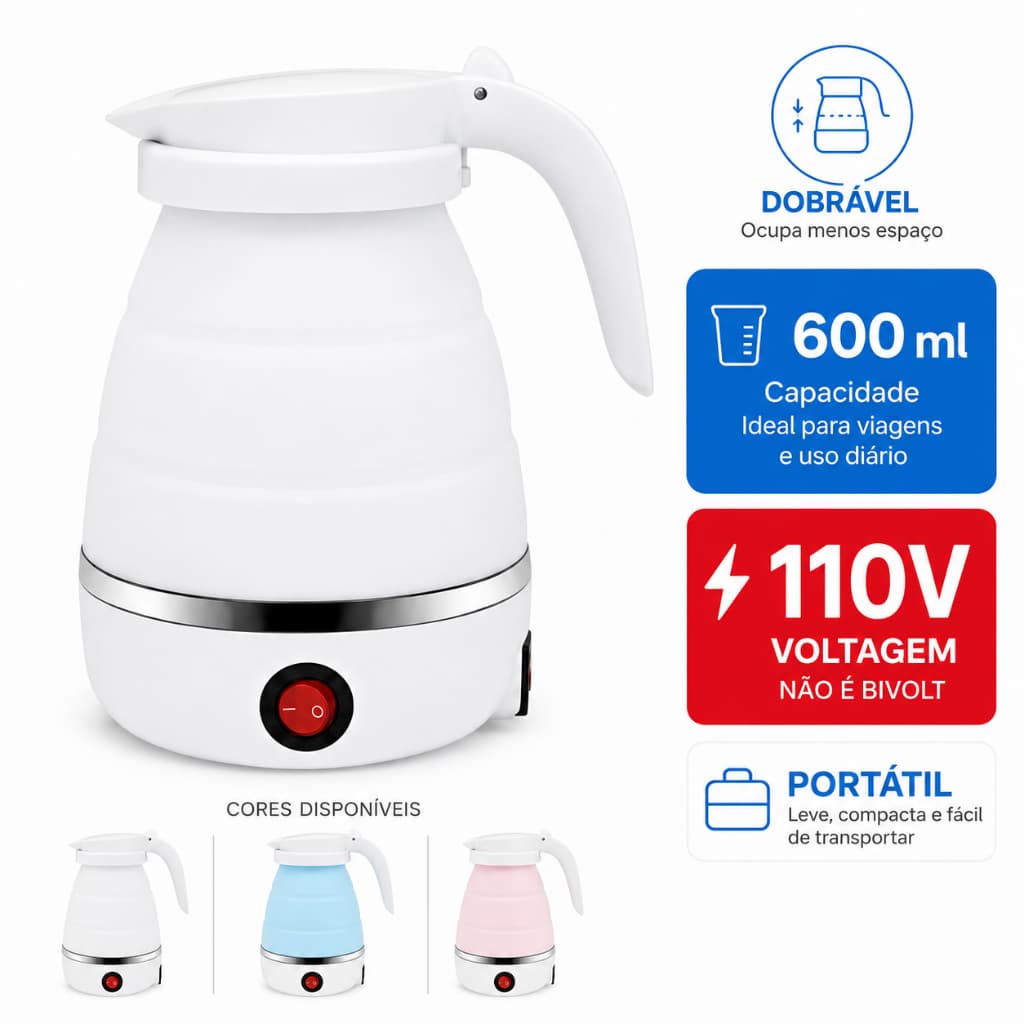Chaleira Elétrica Dobrável 600ml Portátil Silicone 110V para Viagem Café Chá