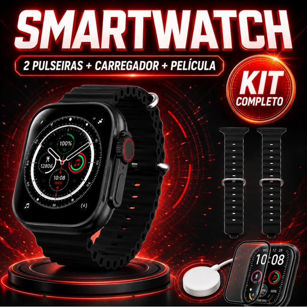Smartwatch T900 Ultra 9 Android Ios Bluetooth Esportivo Fit Cinza Mesh Preto 49 mm, capa sensível ao toque