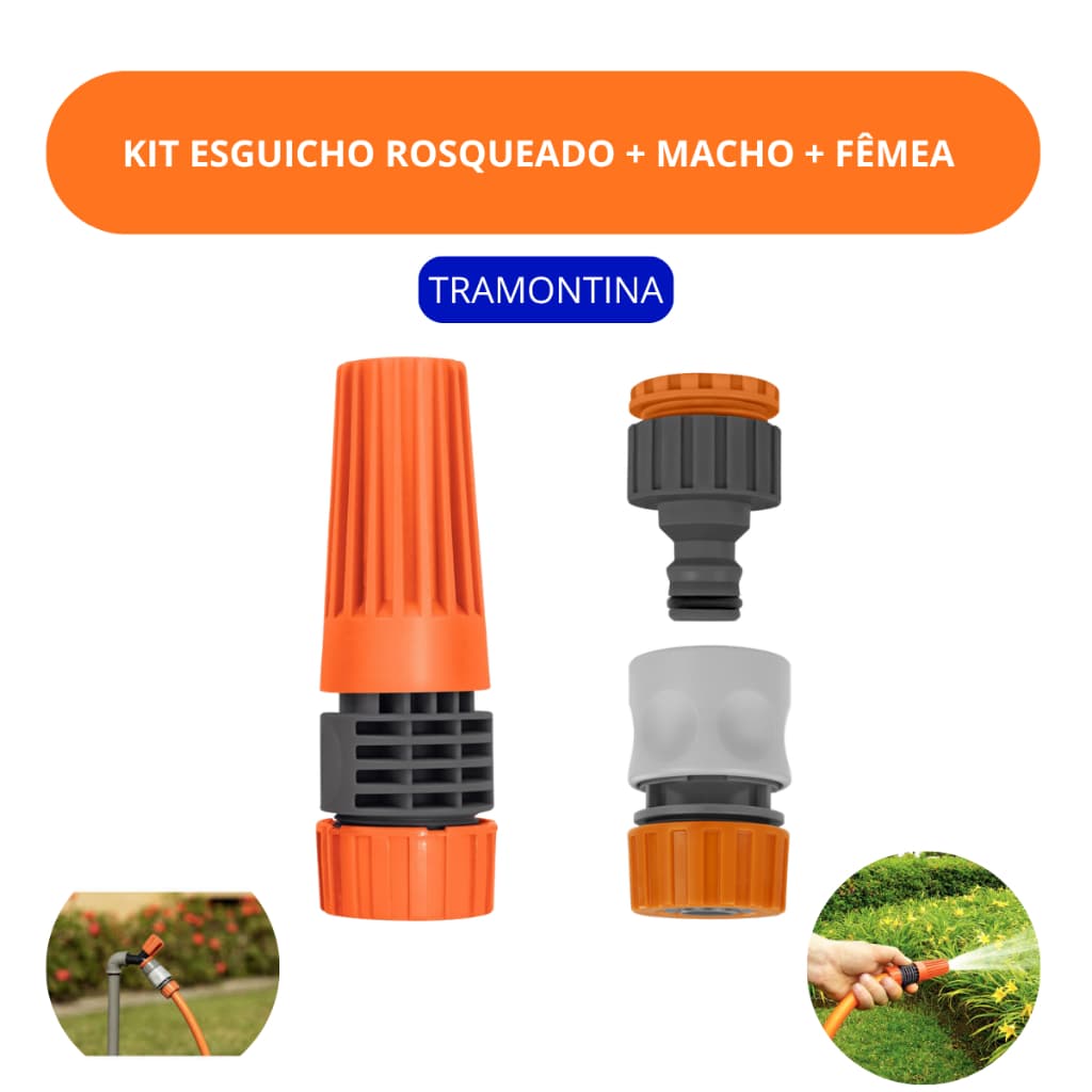 Engate Rápido Esguicho Regulável Rosqueado Bico De Torneira Para Mangueira De Jardim 1/2 Kit 3 Peças Tramontina