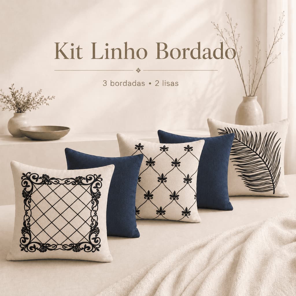 Kit 5 Capas de Almofada Decorativas 45x45cm em Linho Bordado com Acabamento Premium