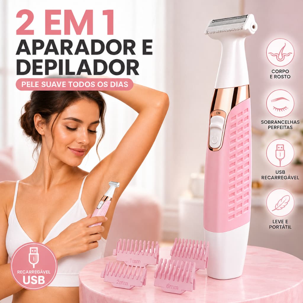 Aparador de Pelos Feminino USB Recarregável 2 em 1 Sobrancelha Corpo Kemei KM-1900