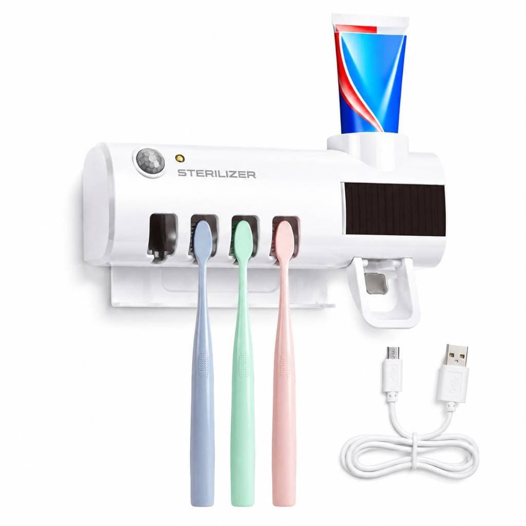 Suporte para Escova de Dentes com Dispensador de Creme Dental - Com Esterilizador Uv GRÁTIS Cabo USB e Painel Solar