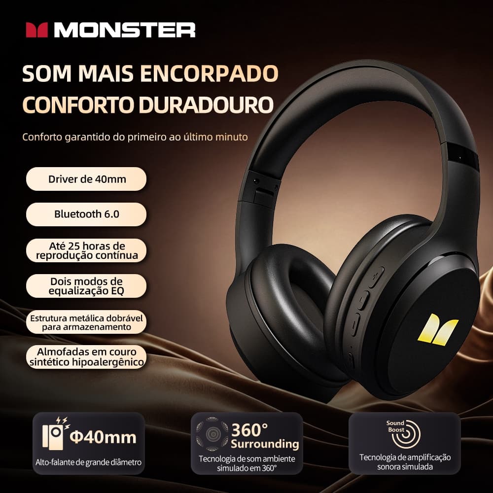 Fone Headphone Monster N21 Bluetooth 6.0 Modo EQ Duplo Cancelamento Ruído Chamada HD Dobrável