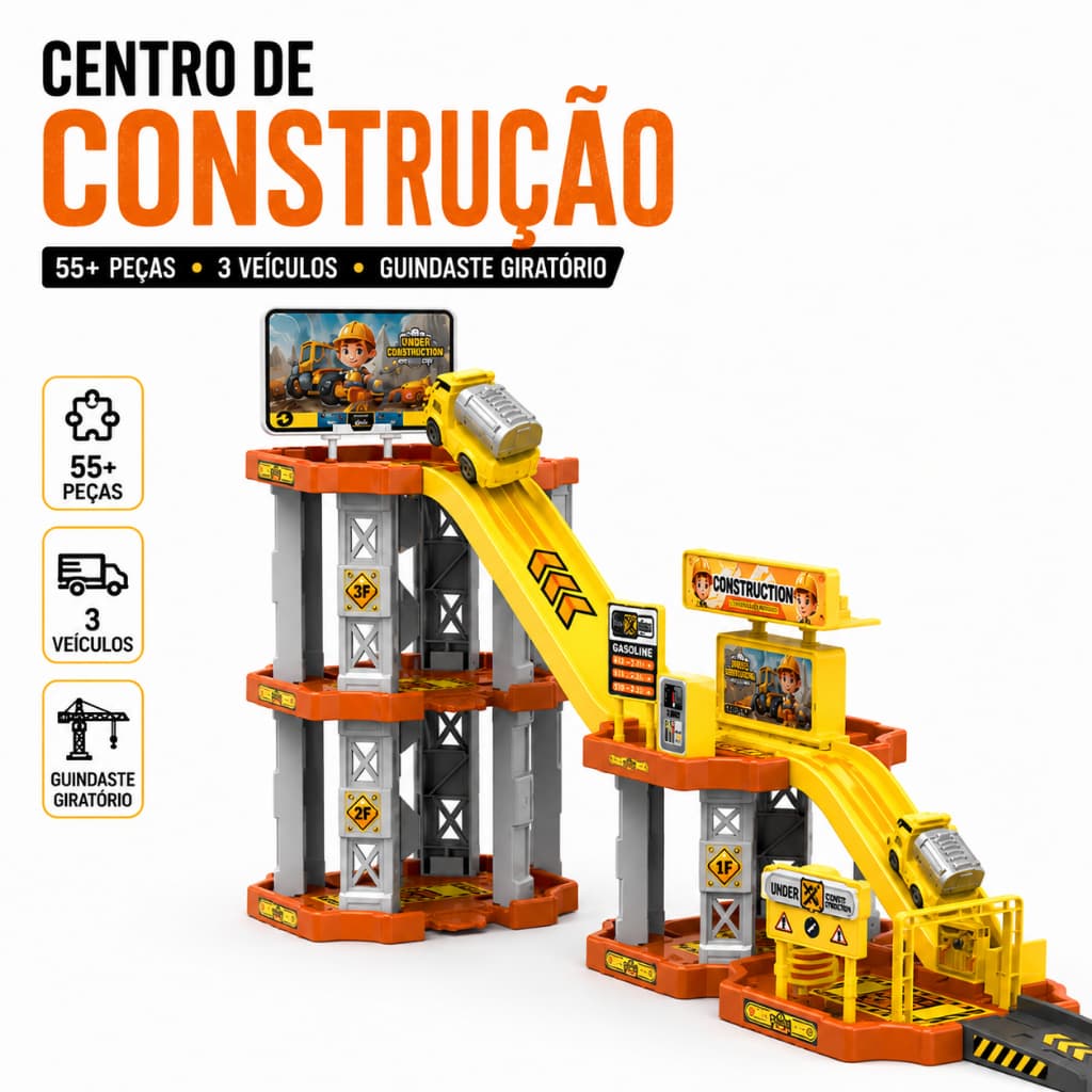 Kit Brinquedo Centro de Construção Infantil 55+ Peças com Guindaste Giratório 3 Carrinhos DIY Educativo 3+ Anos