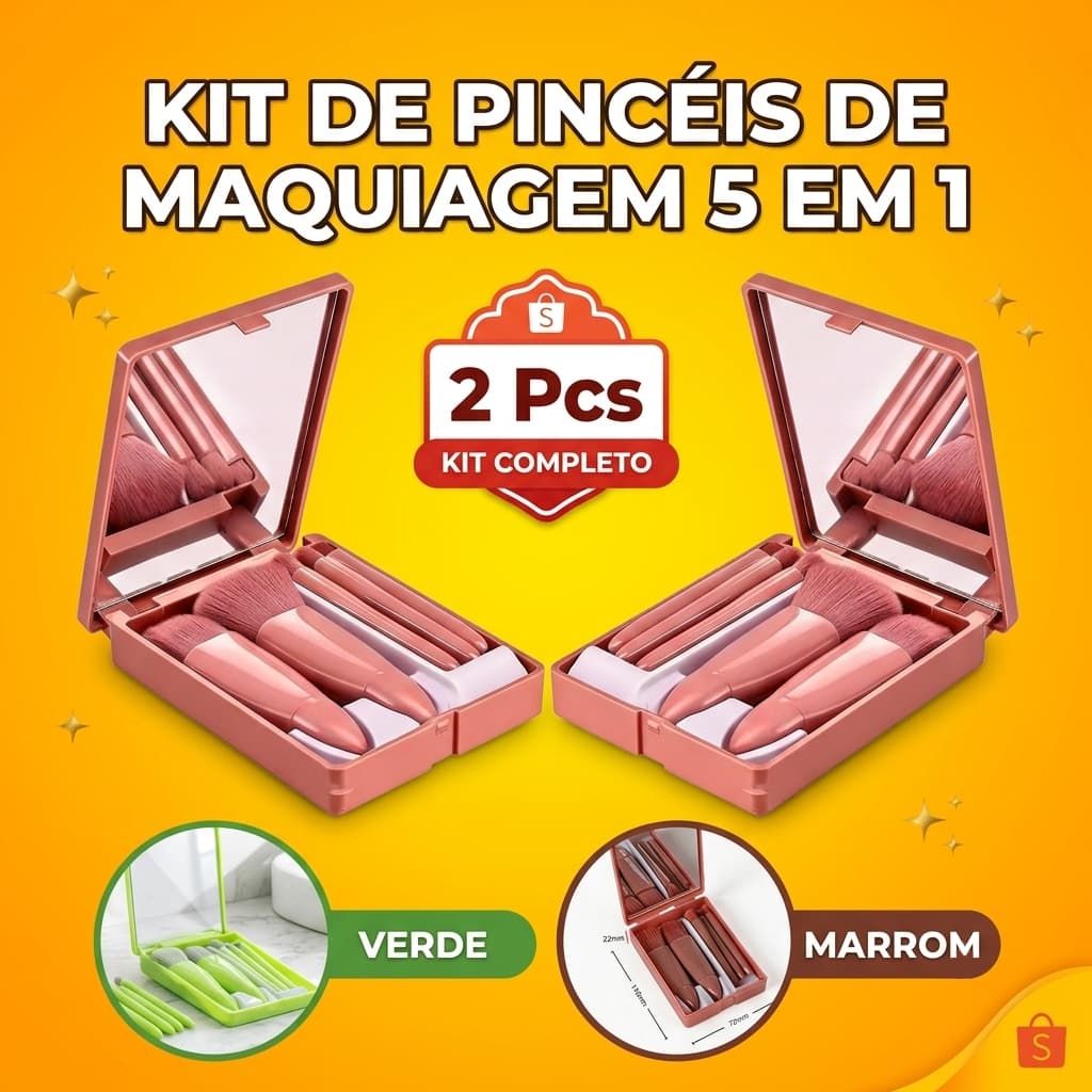 KIT 2 Mini Espelhos de Maquiagem Portátil com 5 Pincéis de Maquiagem, Lupa, Mão Segurar, Bolso, Dobrável