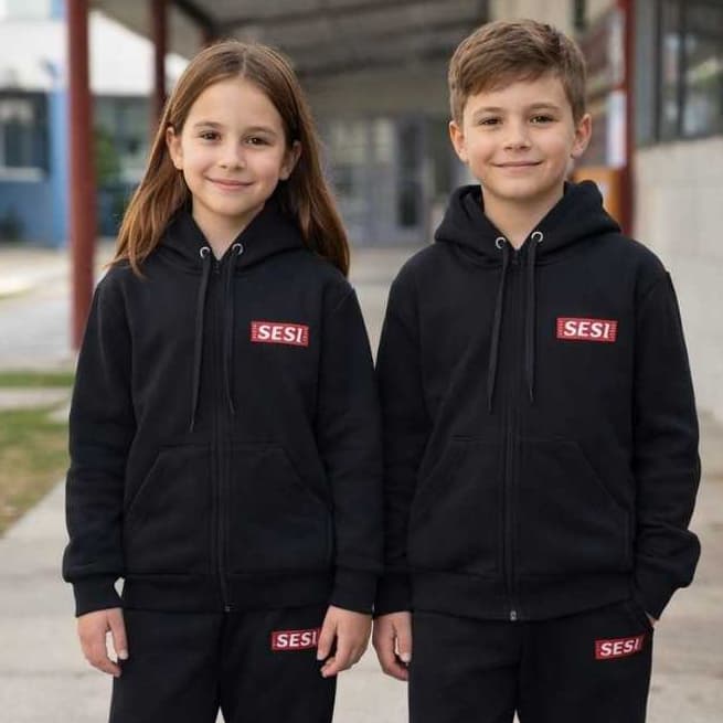 Conjunto Moletom Sesi Calça + Blusa Com Zíper Bordado Capuz menino menina uniforme escolar infantil
