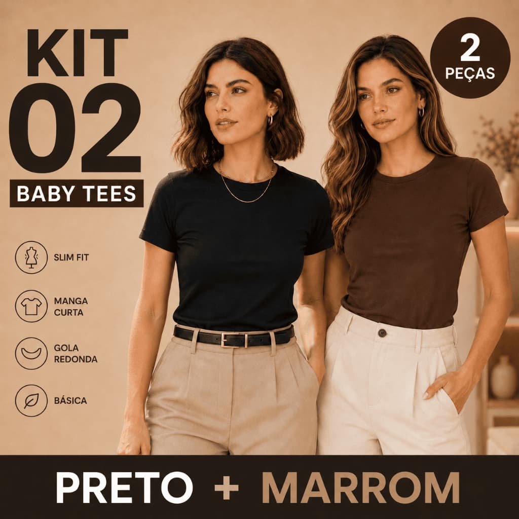 Kit 02 Baby Tee Feminina Slim Fit Manga Curta Coladinha Suplex Romantic