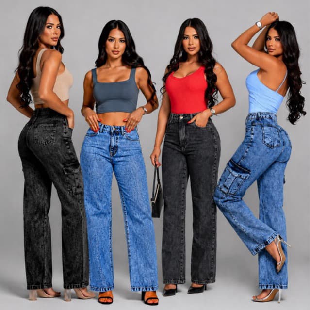 Calça Cargo Jeans Feminina Marmorizada Cintura Alta 100% Algodão Premium Wide Leg