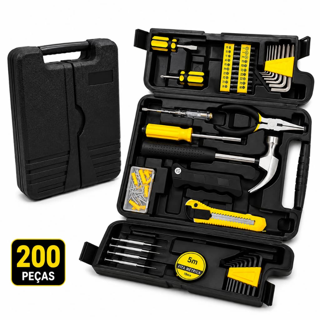 Maleta de Ferramentas 200 Peças Completa Kit Profissional Black Bull com Estojo Organizador