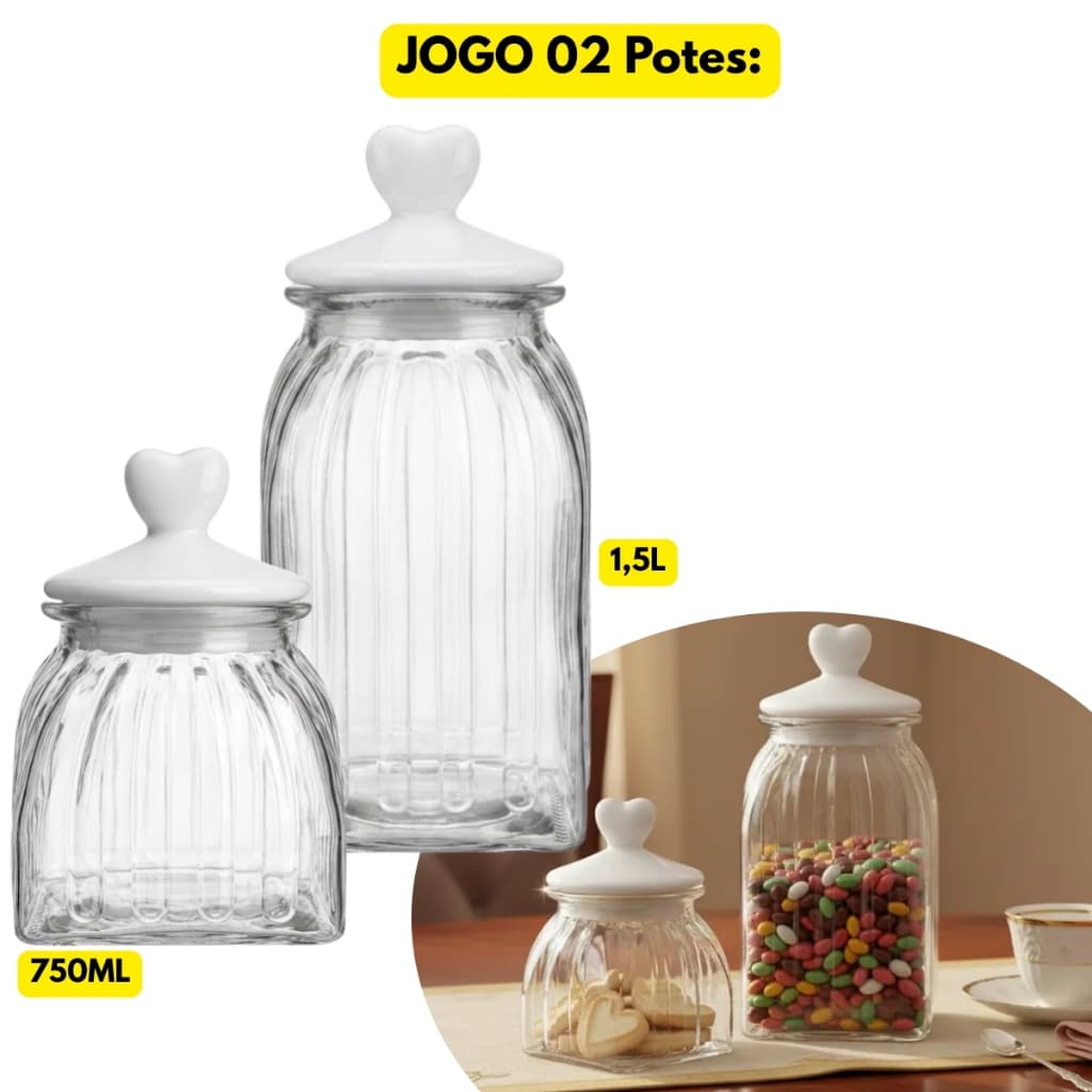 Jogo Kit 02 Potes Herméticos Vidro 1,5L + 750ML C/ Tampa Hermética Coração Branco Resistente