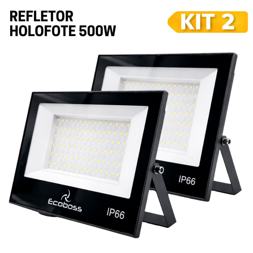 Kit 2 Holofotes LED 500W Slim IP66 Bivolt Branco Frio 6500K Alta Luminosidade