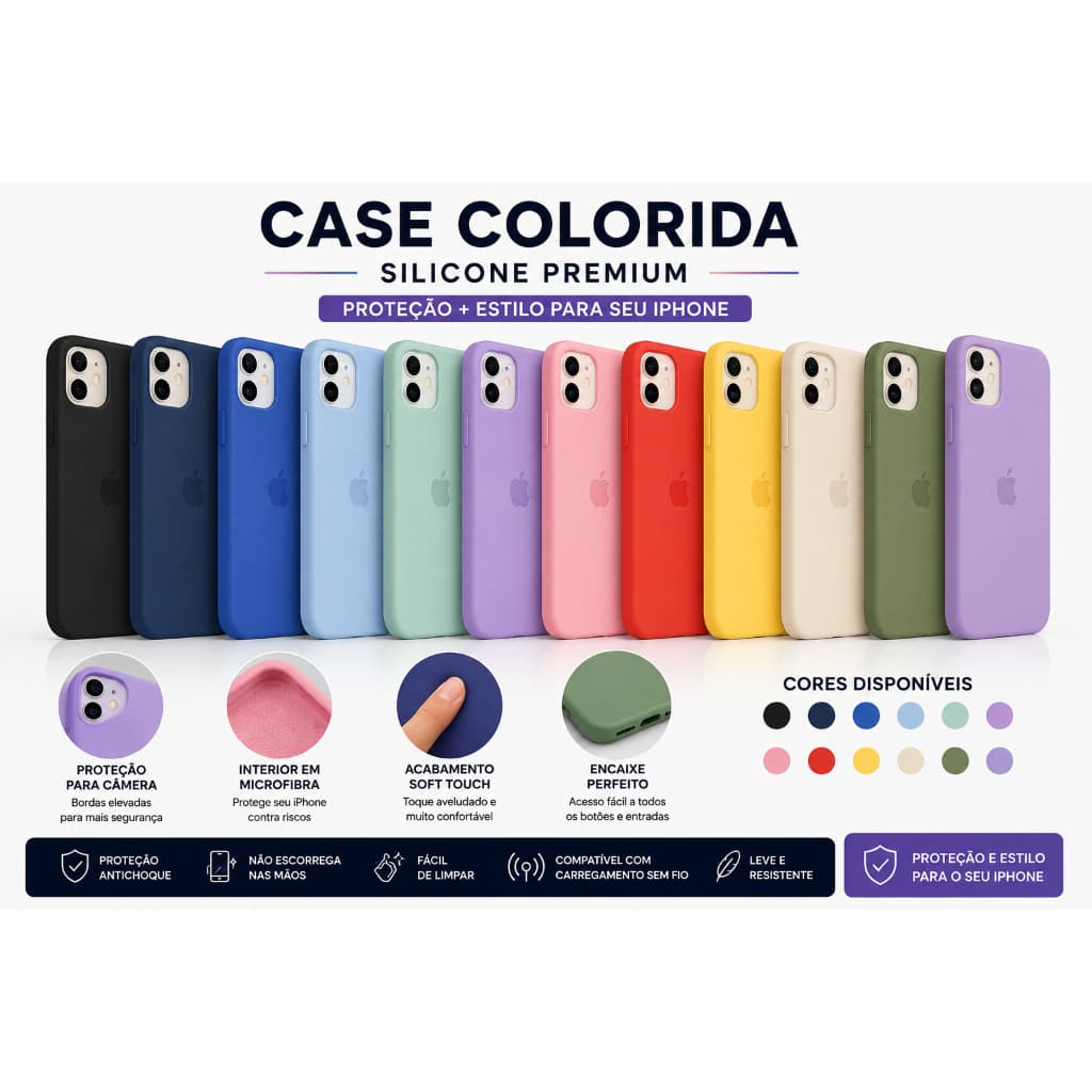 Capinha Case Silicone Premium Colorida para iPhone 11 12 13 14 15 16 Pro Max Soft Touch Antichoque