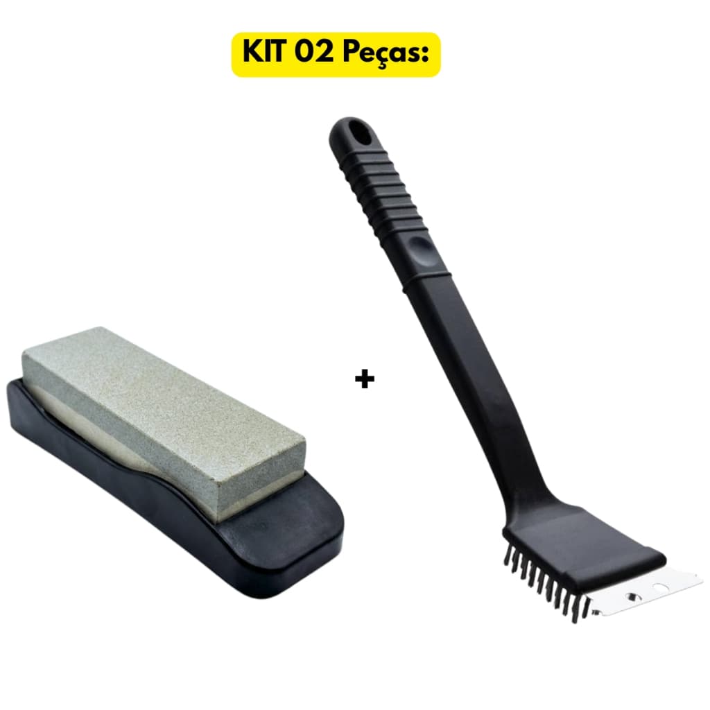 Jogo Kit 02 Pçs Escova de Aço Raspador + Pedra de Amolar Afiar Corte Churrasco Limpa Grelha