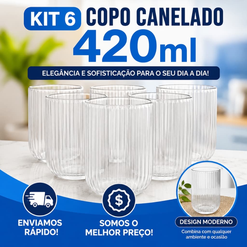 Jogo De Copos De Vidro Canelado Com 6 unidades Transparente Grosso Suco Agua Vitamina 420 ml