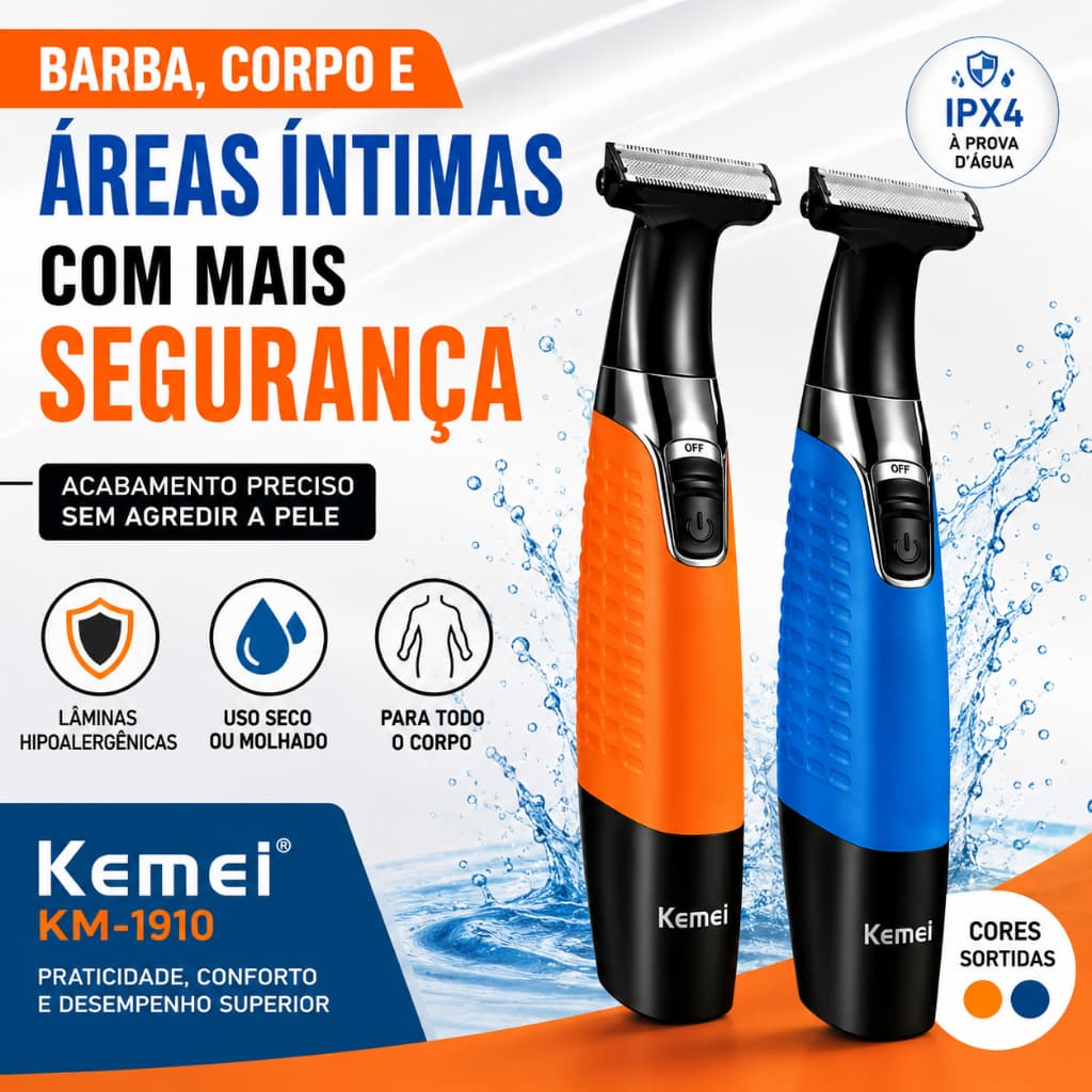 Máquina de Barbear Kemei KM-1910 Recarregável USB À Prova D'Água Trimmer Corporal com 4 Pentes