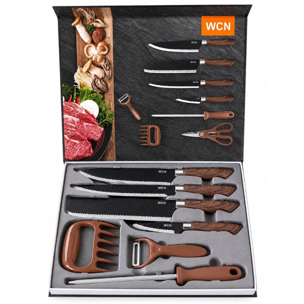 Kit Churrasco 8 Peças em Aço Inox | Jogo de Facas para Cozinha | Marrom