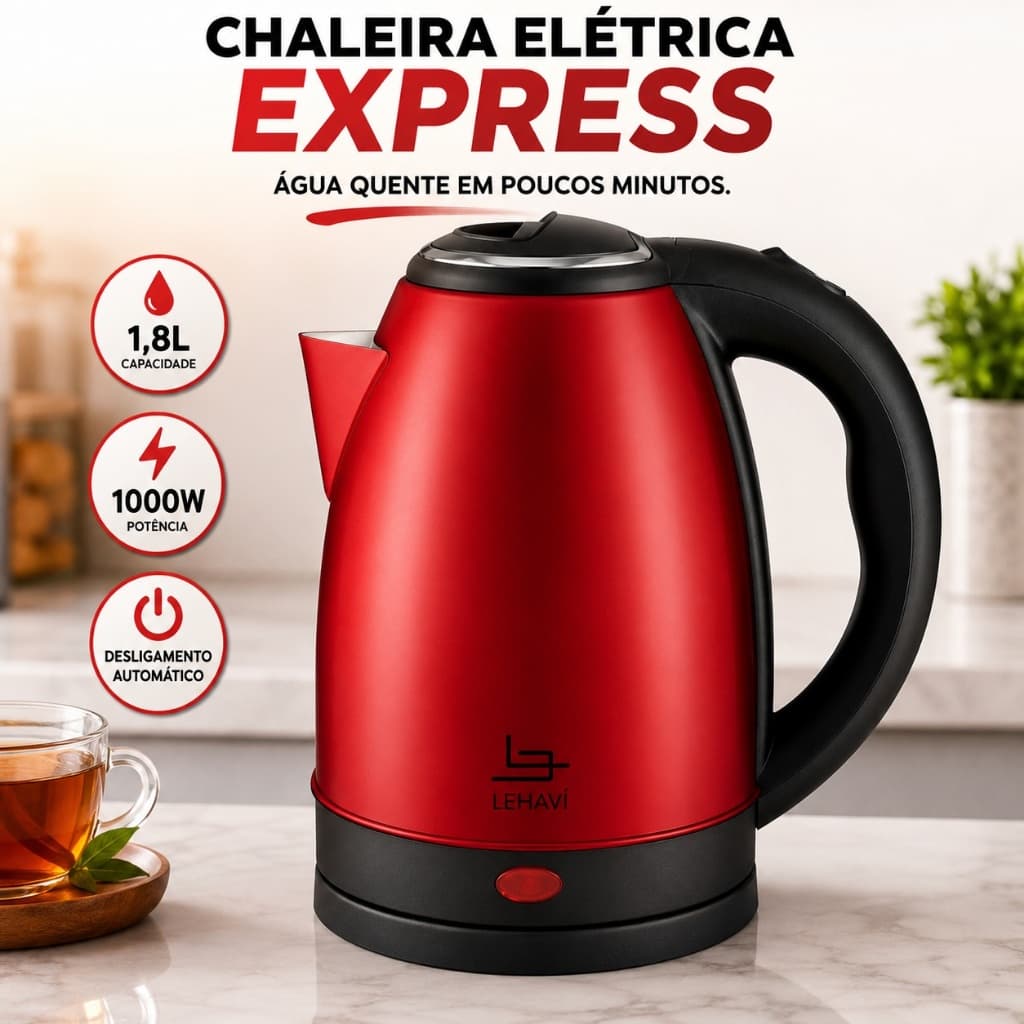 Chaleira Elétrica Inox 1,8L 1000W 127V Vermelha Desligamento Automático Base 360°