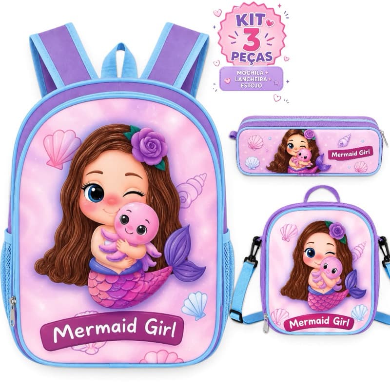 Kit escolar Sereia Menina Mochila forro interno Lancheira Térmica + Estojo