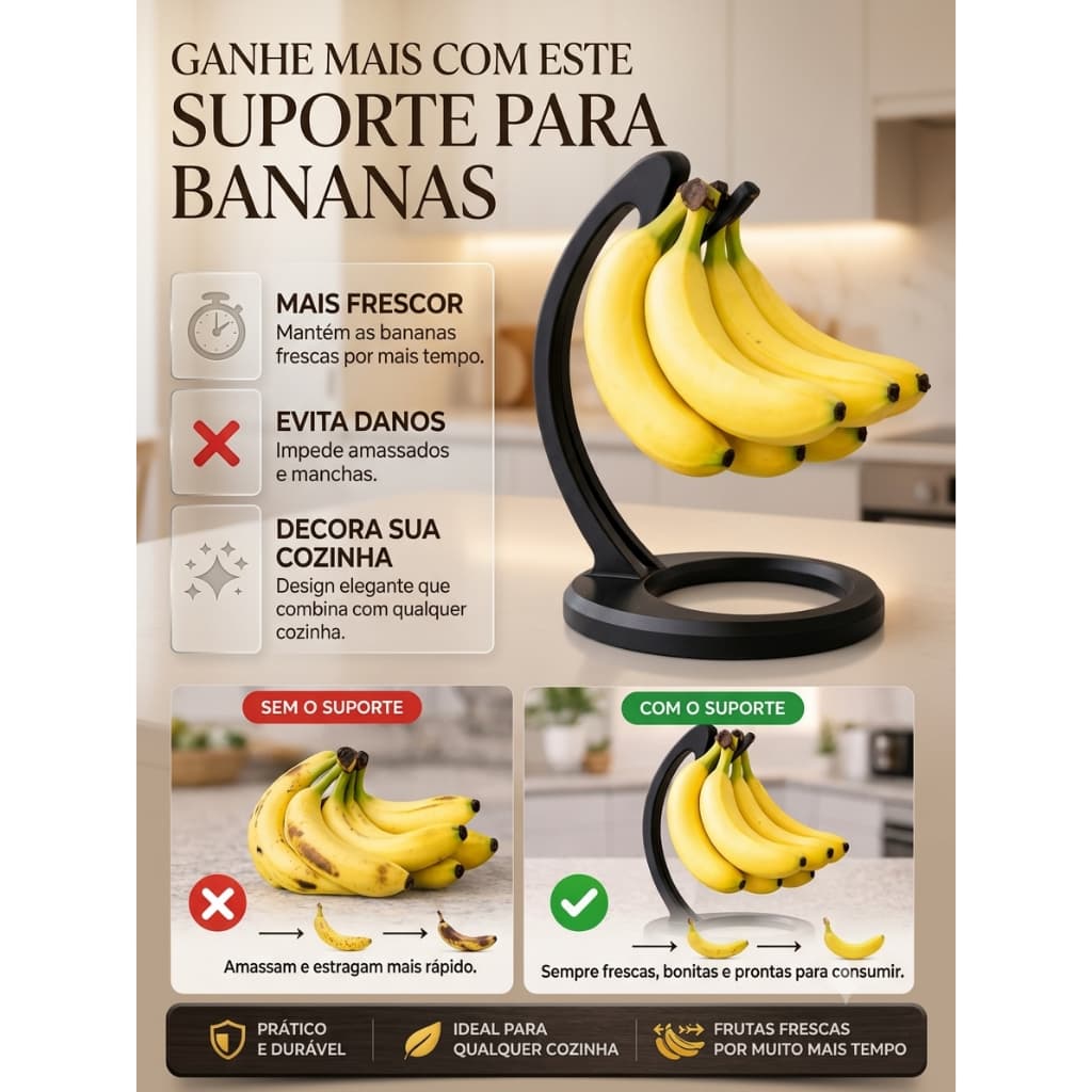 Suporte para Bananas de Mesa | Gancho Suspenso | Organizador de Frutas Cozinha | Porta Banana