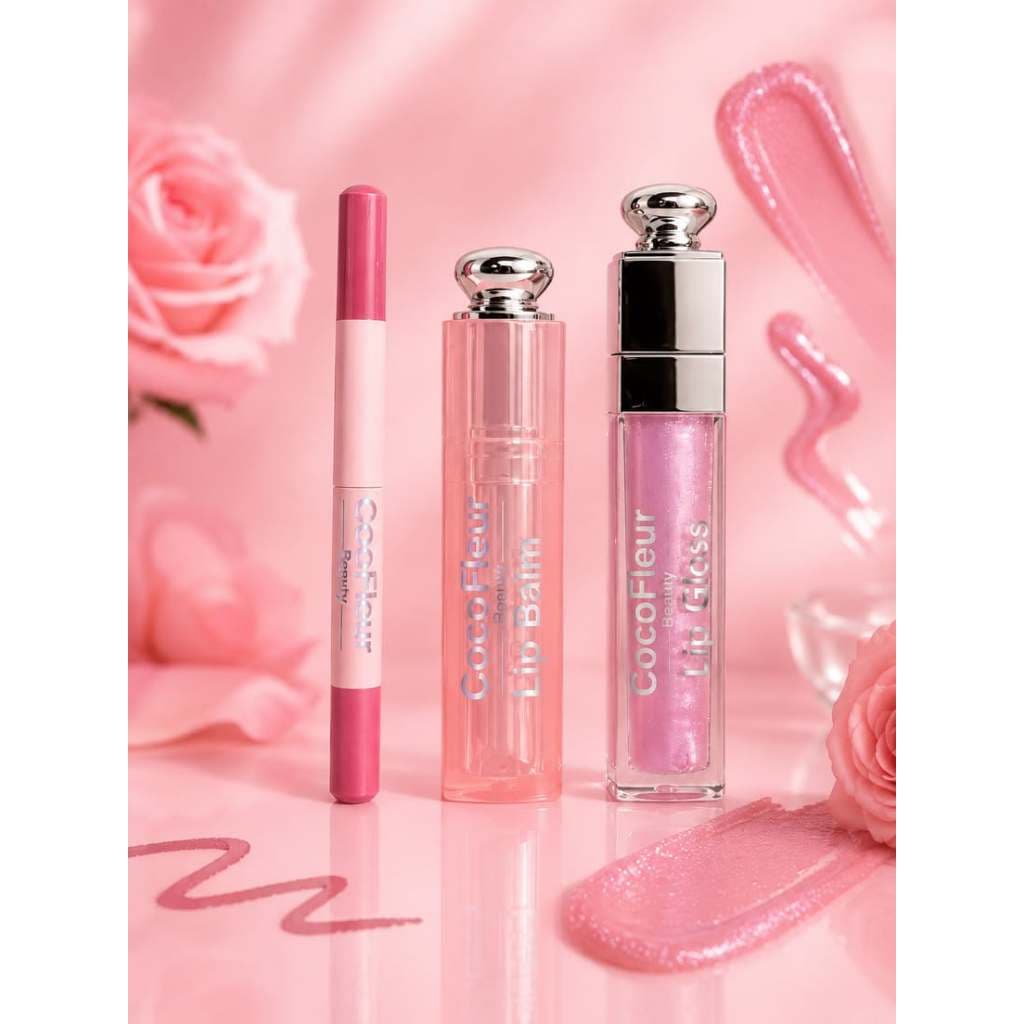 Kit Labial 3 em 1 CocoFleur – Lip Gloss + Lip Balm + Lip Liner
