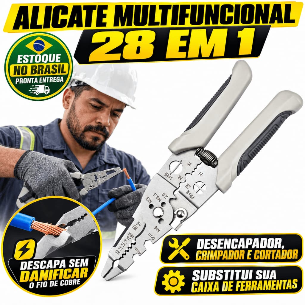 Alicate Multifuncional Universal 28 em 1 Profissional Eletricistas Descascador Crimpador Cortador