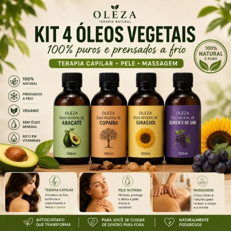 Óleos Vegetais 100% Puros Prensados a Frio | Abacate + Semente de Uva + Copaíba + Girassol | Pele, Cabelo e Massagem