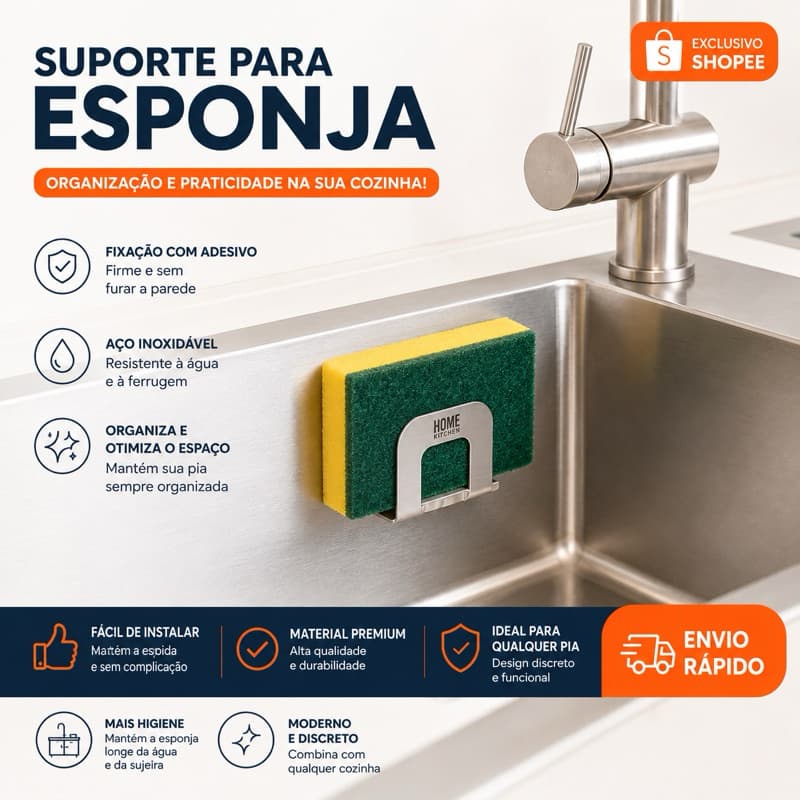 Suporte Porta Esponja Aço Inox Adesivo 3M Para Pia Cozinha Banheiro Gancho Multiuso Aime Store
