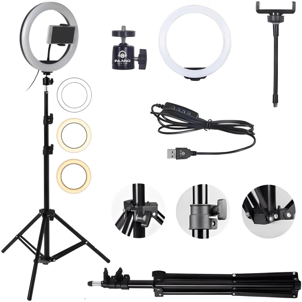 Ring Light LED 10 Polegadas com Tripé 2,10m Suporte para Celular USB 3 Tons de Luz Gravações Fotos..