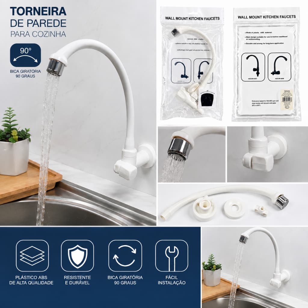 Torneira de Parede para Cozinha em ABS com Bica Giratória 90