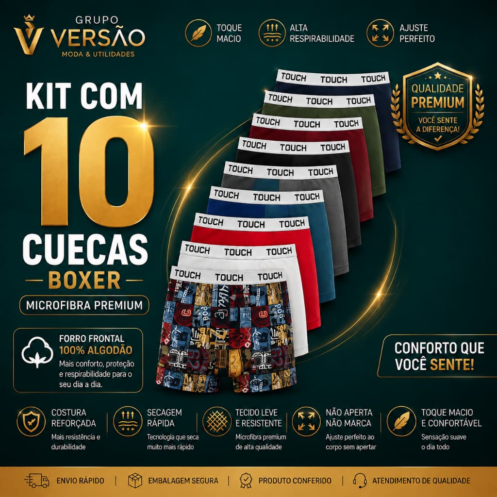 Kit 10 Cuecas Boxer Masculina Microfibra Forro 100% Algodão Confortável Premium