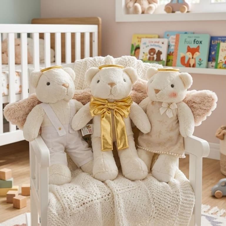 Urso Angelical Pelúcia 46cm Com Asas e Laço Dourado Decorativo Quarto Bebê Presente Maternidade Batizado