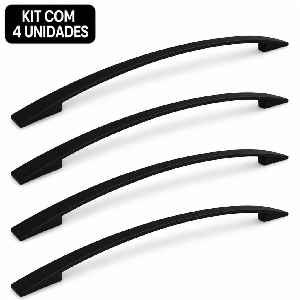 Kit 4 Puxadores IL 2092 Preto 224mm Alça Curva Moveis Armarios Gavetas Portas