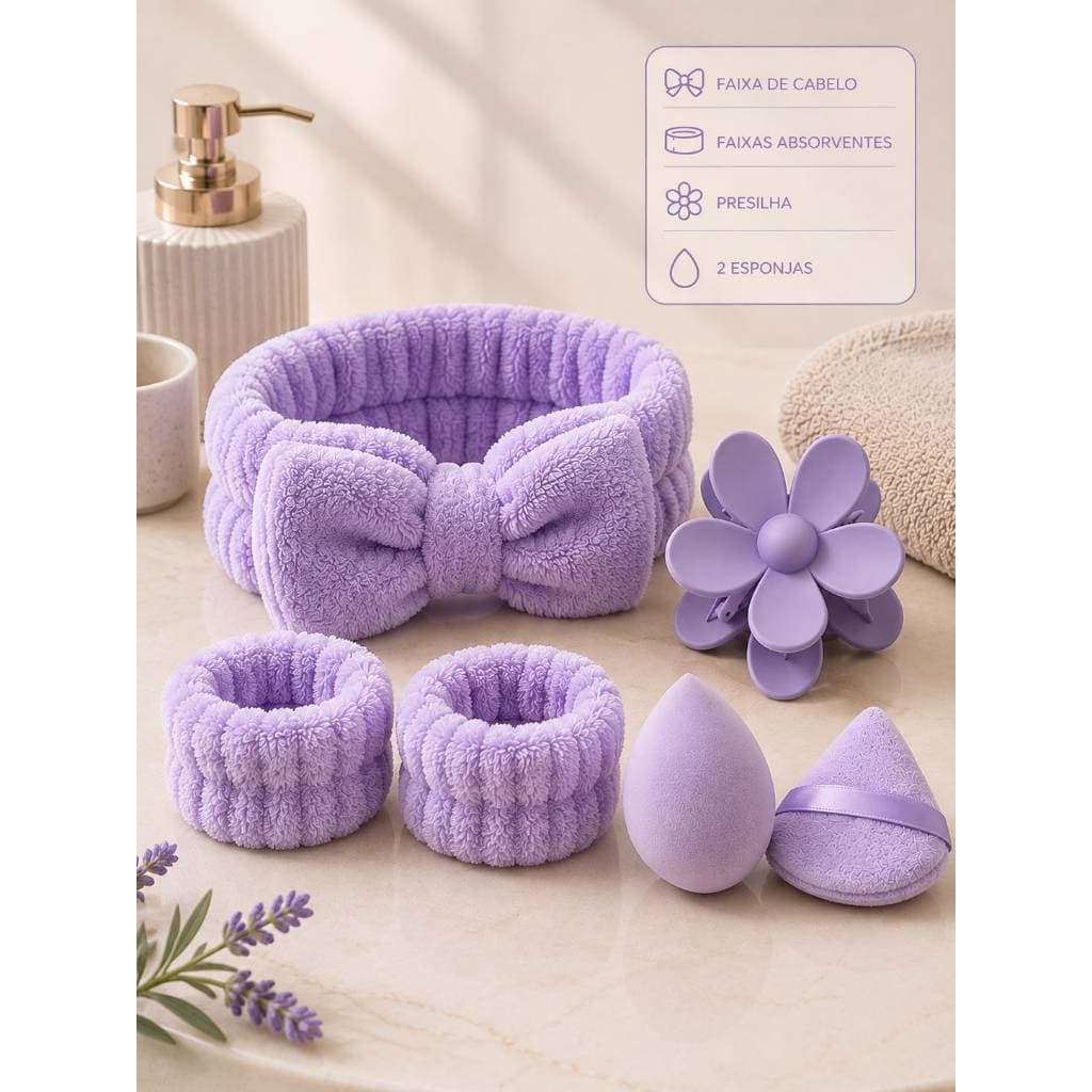 Kit Skincare completo 6 peças Faixa de cabelo spa facial pulseiras absorventes + esponjas + presilhas