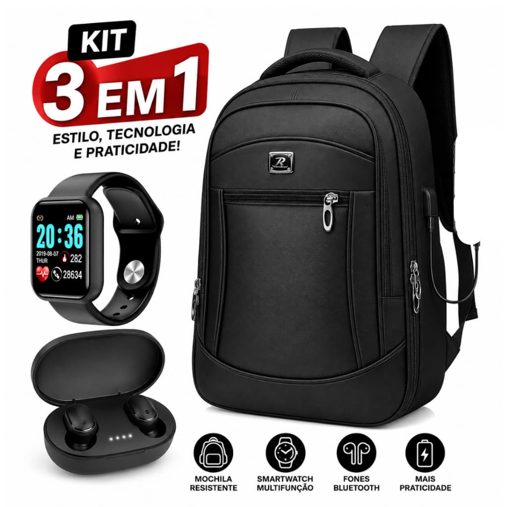 Mochila Executiva Impermeável para Notebook + Smartwatch Digital + Fone Bluetooth Sem Fio