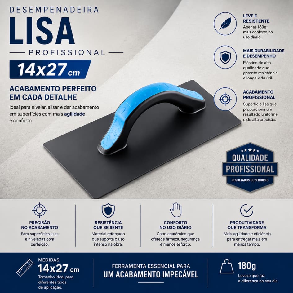 Desempenadeira Plástica Lisa 14x27cm Preta Profissional Para Massa Reboco Acabamento Construção Civil Acabamento
