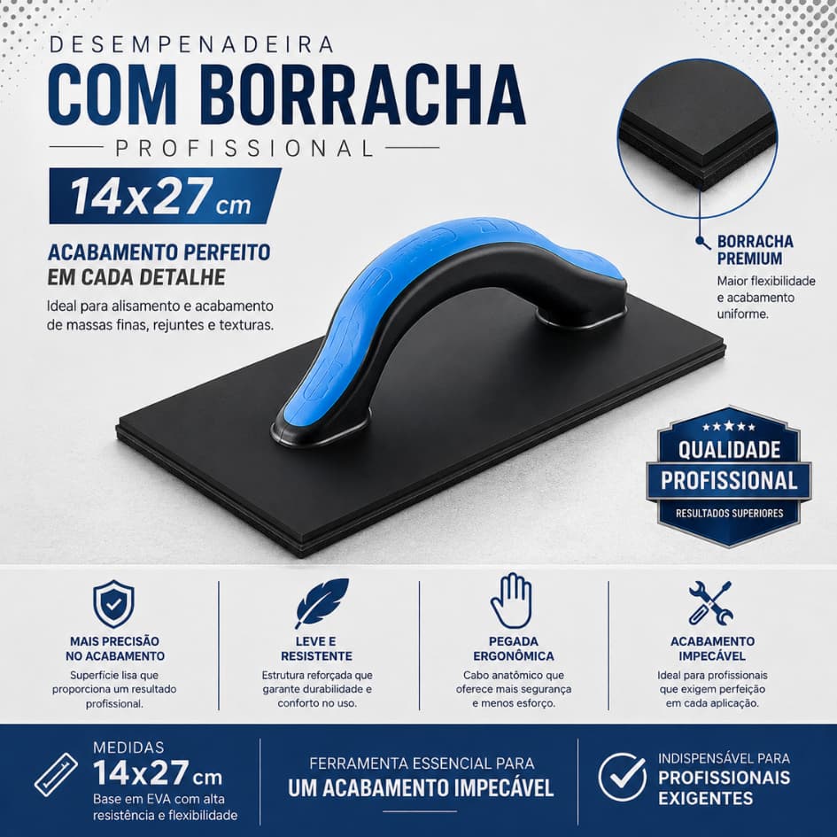 Desempenadeira Com Borracha 14x27cm  Plástica Preta Profissional Para Rejunte Acabamento Construção Civil Para Pedreiro