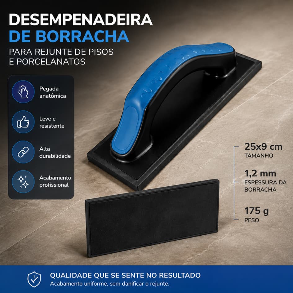 Desempenadeira Com Borracha Para Rejunte 25x9cm Plástica Profissional Pisos Porcelanatos e Azulejos Aplicação de Rejunte