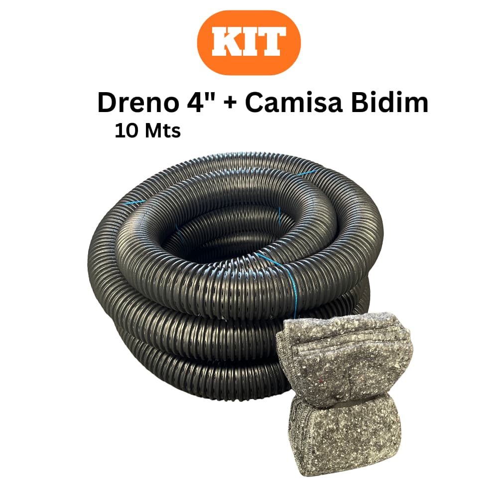 Kit Dreno Corrugado 4" Pol 100mm 10m + Camisa Bidim Tubo Drenagem Solo