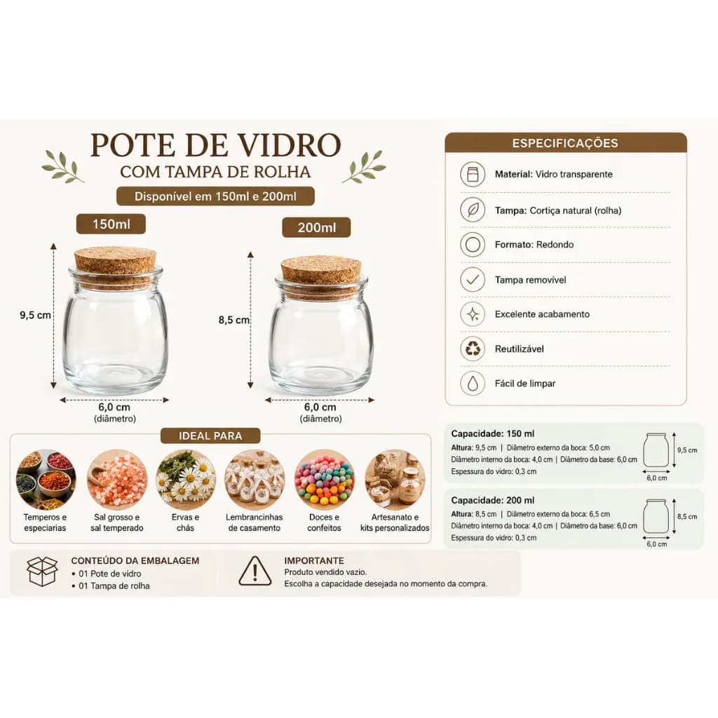 Pote de Vidro 150ml e 200ml com Tampa de Rolha – Redondo para Temperos, Lembrancinhas e Decoração