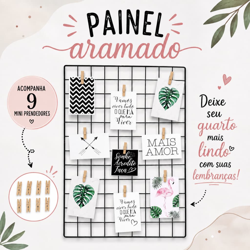 Memory Board Painel De Fotos 9 Mini Prendedores Quadro Recados Tela Aramada 40x80cm