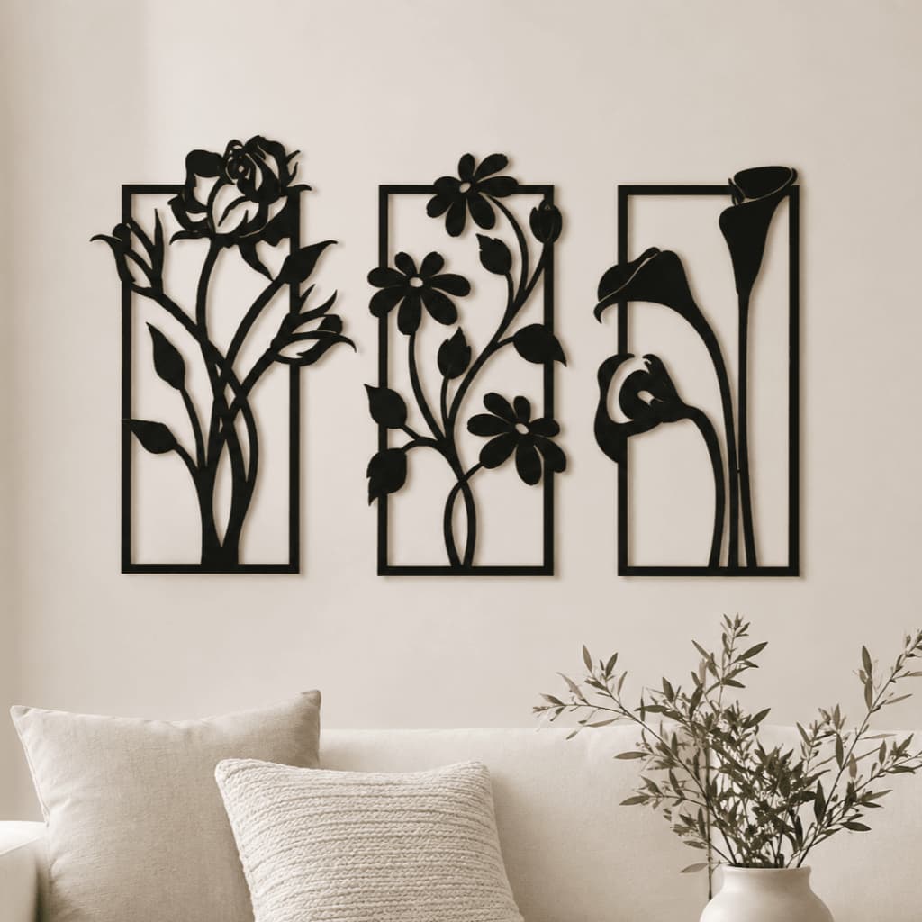 Kit 3 Quadros Decorativos Florais em MDF 15x45cm para Sala, Quarto e Hall
