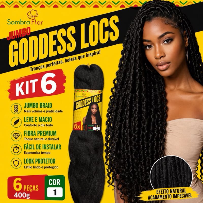 Kit 3/6Goddess Locs Jumbo Braid 400g Cor 1 Trança Sintética Mega Hair Crochet Braids Fibra Premium